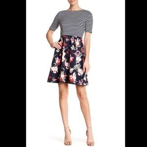 Eliza J Floral and Striped Fit and Flare Dress